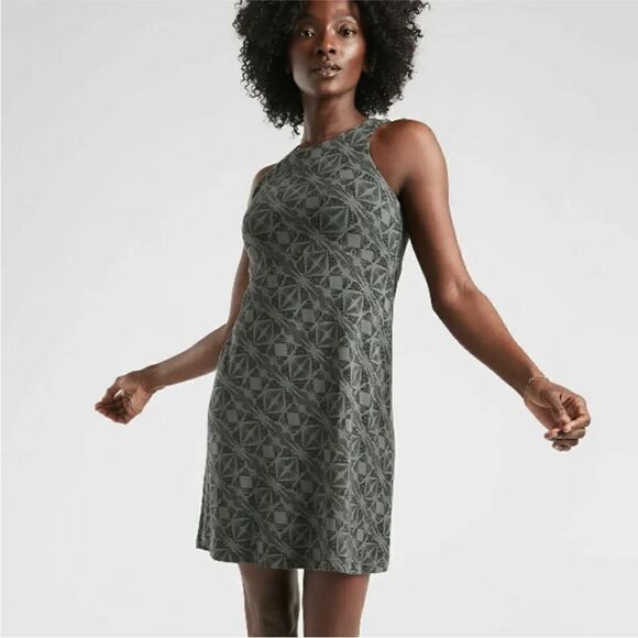 Athleta Santorini Printed High Neck Dress SP Woodblock Geo Black Soft! Modal - Picture 1 of 9